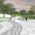 Modern Plaza Landscape Design With Open Space People Activities Trees And Water Features