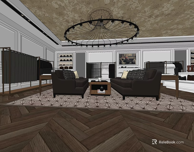 Elegant Clothing Store Interior With Comfortable Sofas Decorative Chandelier Wine Rack And Patterned Rug 3d model