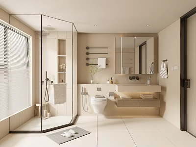 Modern Bathroom Interior Design With Glass Shower Vanity Mirror And Wall Mounted Shelves 3d model