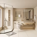 Modern Bathroom Interior Design With Glass Shower Vanity Mirror And Wall Mounted Shelves