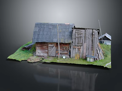 Old Wooden House With Gray Tiled Roof And Wooden Structure Near Small Shed On Grass 3d model