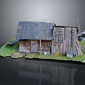Old Wooden House With Gray Tiled Roof And Wooden Structure Near Small Shed On Grass