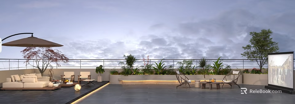 Tranquil Villa Balcony With Lush Greenery Outdoor Lounge Chairs And Sky View 3d model 