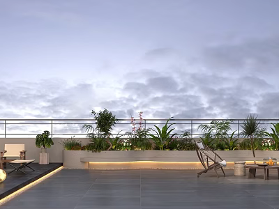 Tranquil Villa Balcony With Lush Greenery Outdoor Lounge Chairs And Sky View 3d model
