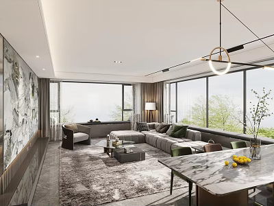 Modern Living and Dining Room Interior With Sofa Coffee Table Large Windows And Pendant Light 3d model