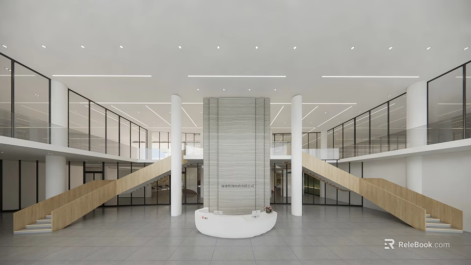 Modern Service Hall Interior Design With White Pillars Glass Partitions And Wooden Stairs 3d model 