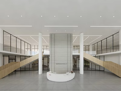 Modern Service Hall Interior Design With White Pillars Glass Partitions And Wooden Stairs 3d model