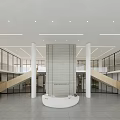 Modern Service Hall Interior Design With White Pillars Glass Partitions And Wooden Stairs