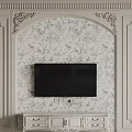 Elegant TV Wall with Cream Colored Floral Wallpaper Carved Decorations and White TV Cabinet