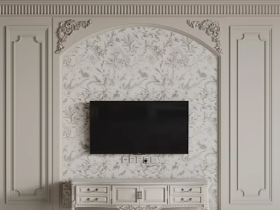 Elegant TV Wall with Cream Colored Floral Wallpaper Carved Decorations and White TV Cabinet 3d model