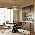 Modern Restaurant Interior With Wooden Cabinets Marble Accent Wall Round Dining Table And Pendant Light