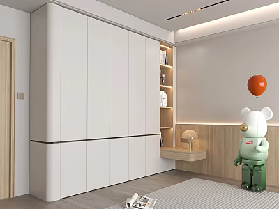Modern White Wardrobe Interior With Sliding Doors Wooden Shelves And Minimalist Lamp 3d model