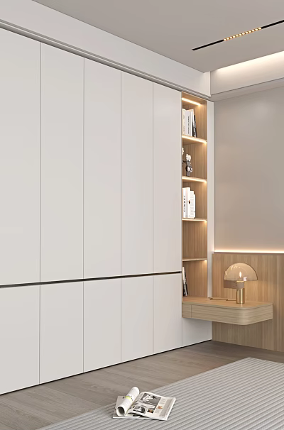 Modern White Wardrobe Interior With Sliding Doors Wooden Shelves And Minimalist Lamp 3d model