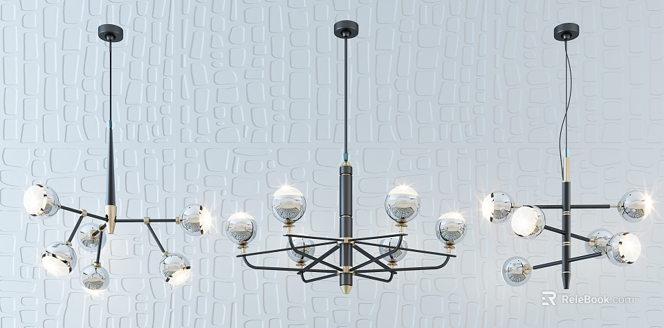 Modern Chandelier With Spherical Bulbs Black Metal Frame And Textured White Wall 3d model 