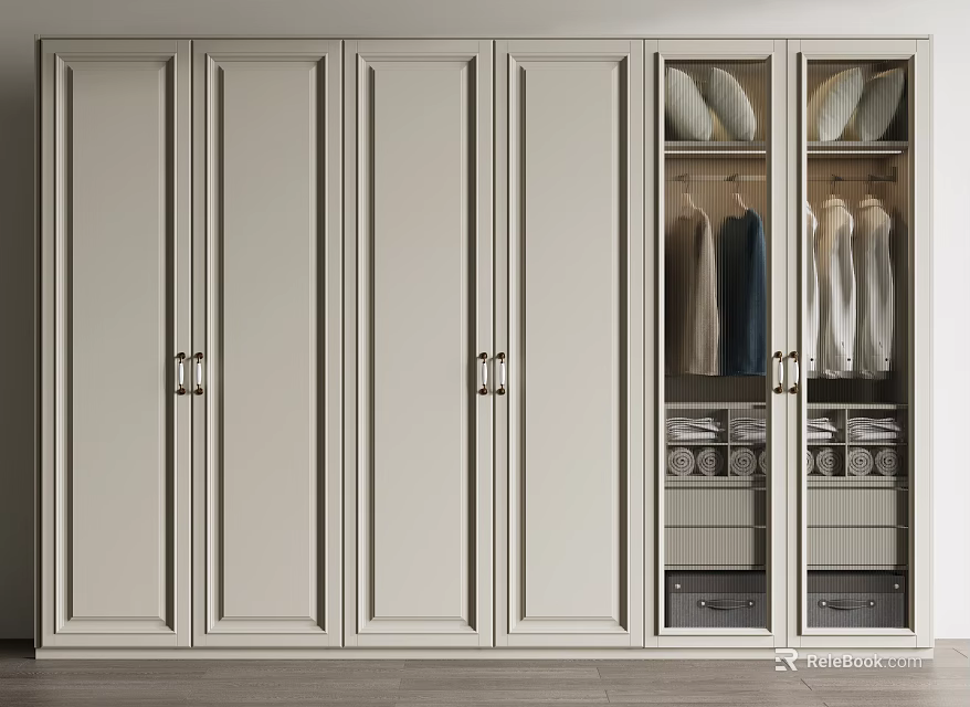 Modern Wardrobe With Multiple Doors Glass Panel And Hanging Folded Clothes Drawers 3d model