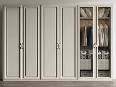 Modern Wardrobe With Multiple Doors Glass Panel And Hanging Folded Clothes Drawers 3d model