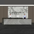 Front Desk Reception With Marble Backdrop And Receptionists At Modern Architecture Design Company