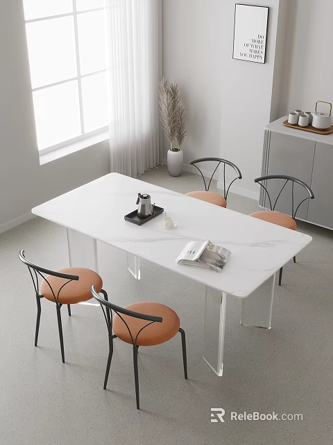 Modern Dining Table Set With White Marble Top And Four Orange Cushioned Black Metal Chairs 3d model 