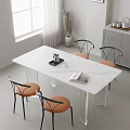 Modern Dining Table Set With White Marble Top And Four Orange Cushioned Black Metal Chairs