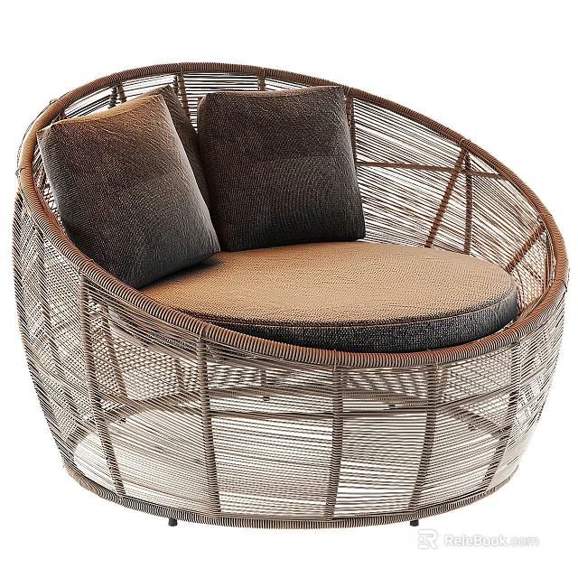Round Rattan Outdoor Sofa With Dark Cushions And Light Brown Seat Design 3d model 