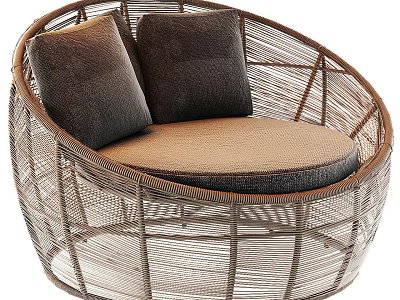 Round Rattan Outdoor Sofa With Dark Cushions And Light Brown Seat Design 3d model