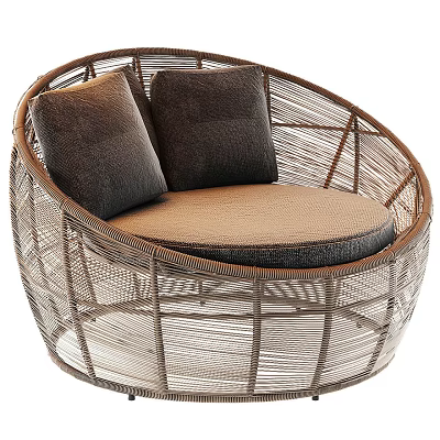 Round Rattan Outdoor Sofa With Dark Cushions And Light Brown Seat Design 3d model