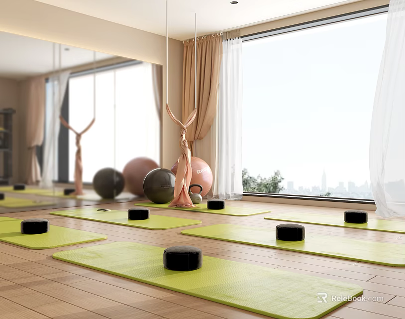 Fitness Yoga Studio With Green Mats Black Blocks Exercise Balls Hammocks And City View 3d model 