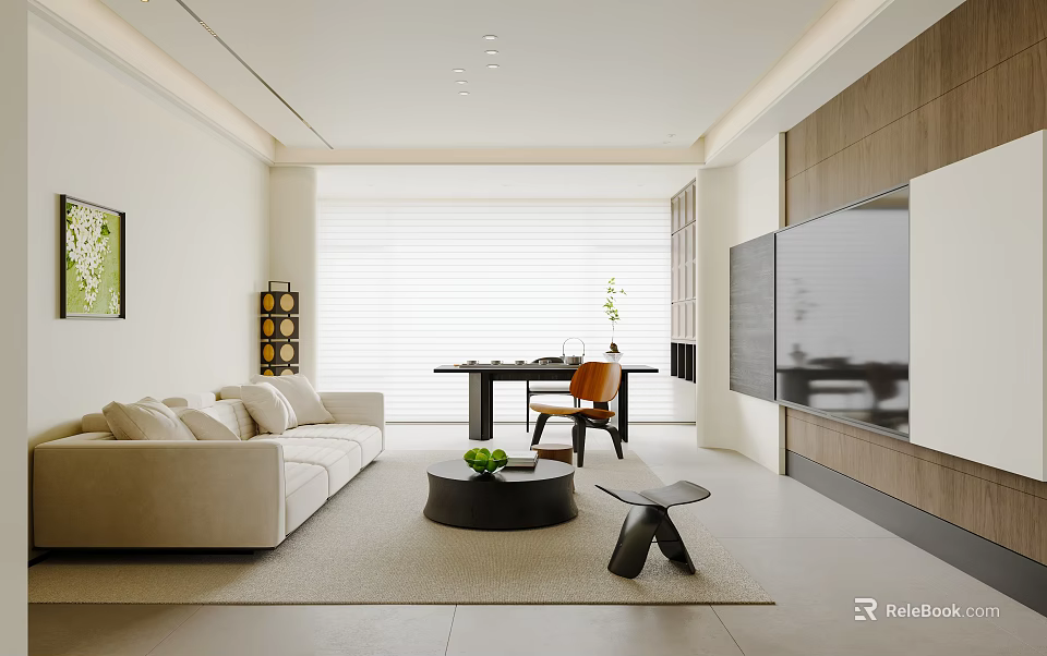 Modern Living Room Interior With Beige Sofa Round Coffee Table Wooden TV Cabinet White Blinds And Green Plant 3d model 