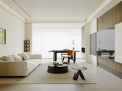 Modern Living Room Interior With Beige Sofa Round Coffee Table Wooden TV Cabinet White Blinds And Green Plant 3d model