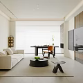 Modern Living Room Interior With Beige Sofa Round Coffee Table Wooden TV Cabinet White Blinds And Green Plant