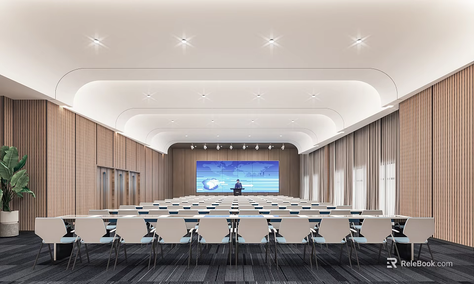 Spacious Modern Conference Room With Rows Of White Chairs Large Screen And Wooden Walls 3d model 