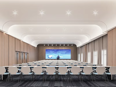 Spacious Modern Conference Room With Rows Of White Chairs Large Screen And Wooden Walls 3d model