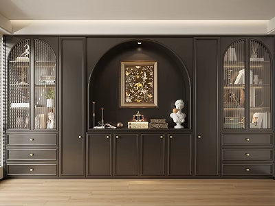 Dark Wood Bookcase With Arched Design Glass Door Cabinets Decorative Painting And Drawers 3d model