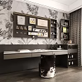 Desk And Chair Set In Elegant Workspace With Botanical Wallpaper Display Shelf And Decorative Items