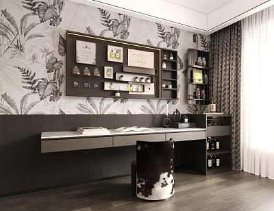 Desk And Chair Set In Elegant Workspace With Botanical Wallpaper Display Shelf And Decorative Items 3d model