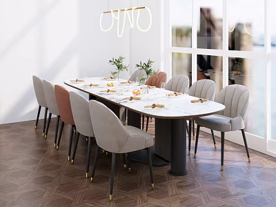 Modern Rectangular Dining Table Set With Grey Pink Chairs Tableware And Green Plants 3d model