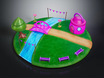 Colorful Cartoon Scene With Green Grass Pink Bridge Blue Stream And Purple Benches 3d model