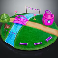 Colorful Cartoon Scene With Green Grass Pink Bridge Blue Stream And Purple Benches