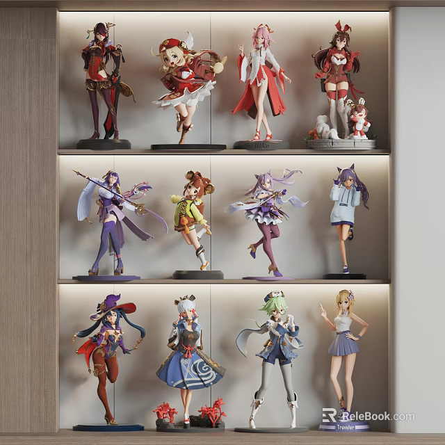 Colorful Collectible Anime Character Figures Neatly Arranged on Layered Display Shelves 3d model 