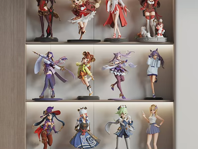 Colorful Collectible Anime Character Figures Neatly Arranged on Layered Display Shelves 3d model