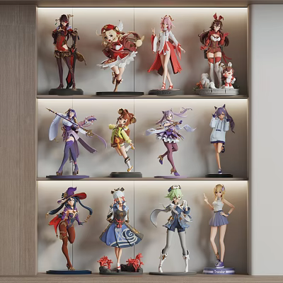 Colorful Collectible Anime Character Figures Neatly Arranged on Layered Display Shelves 3d model