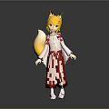 Anime Style Game And Movie Character With Fox Ears Tail And Red White Kimono
