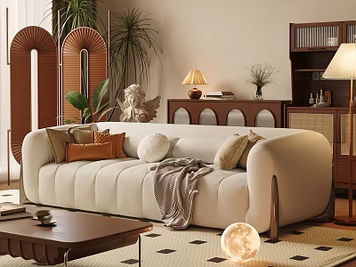 Beige Multi Seater Sofa With Pillows And Blanket In Modern Living Room With Plants 3d model