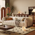 Beige Multi Seater Sofa With Pillows And Blanket In Modern Living Room With Plants