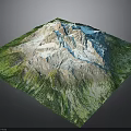 3D Mountain Terrain Model With Green Vegetation White Snow And Blue Water