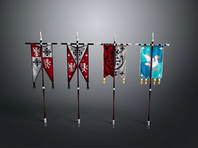 Traditional Decorative Flags With Various Patterns And Characters On Wooden Poles 3d model