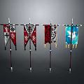 Traditional Decorative Flags With Various Patterns And Characters On Wooden Poles