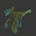 Colorful Feathered Dinosaur with Red and Green Feathers Open Mouth Spread Wings Mythical Creature