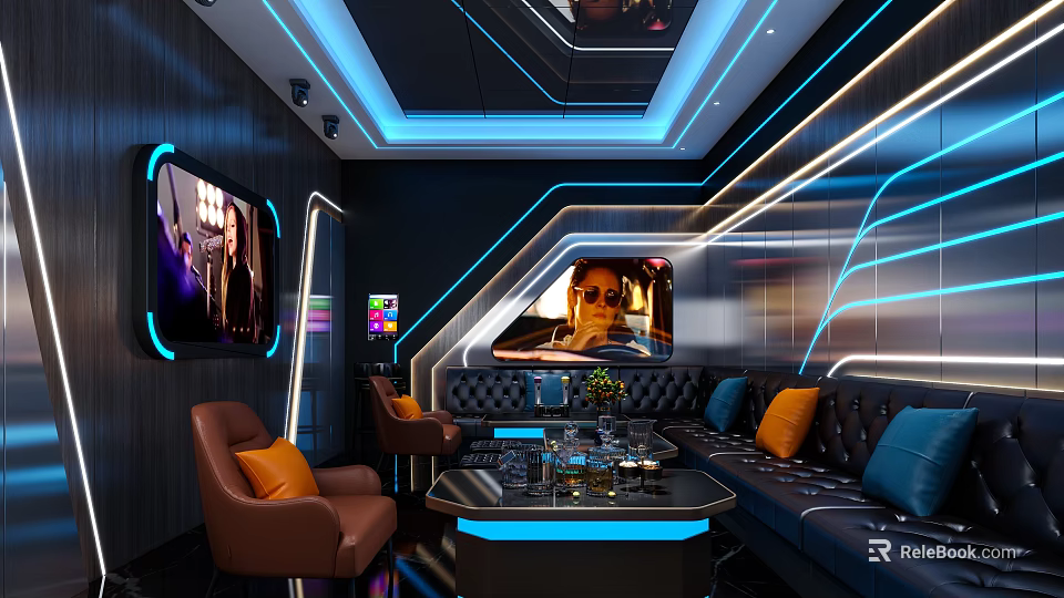 Modern KTV Interior Design With Blue Lighting Black Sofa Colorful Cushions Screens And Drinks 3d model 