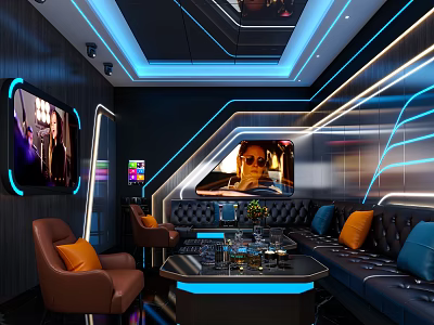 Modern KTV Interior Design With Blue Lighting Black Sofa Colorful Cushions Screens And Drinks 3d model